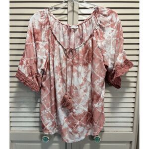 Maurices Mauve/White Tie‎ Dye Short Sleeve Elastic Hem Scoop/Tie Neck Size 0